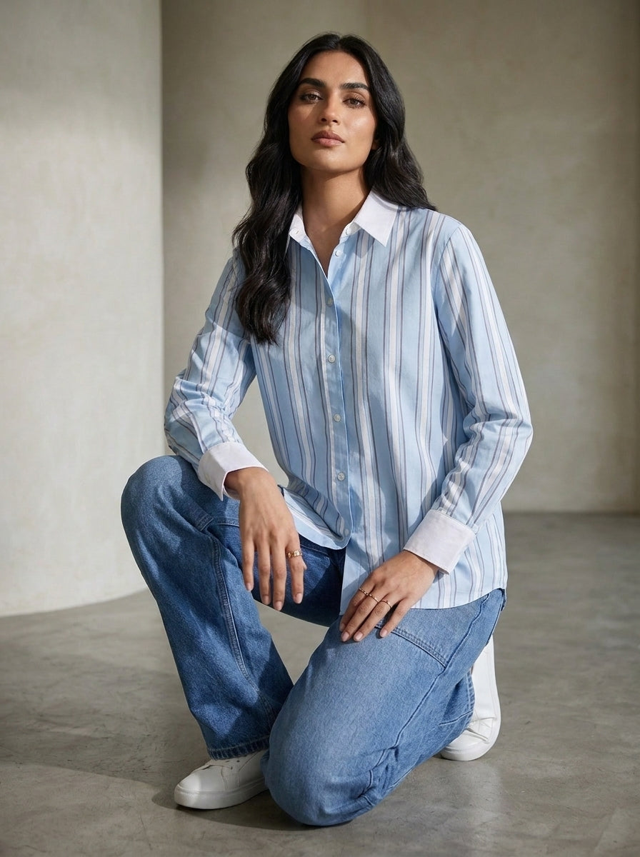 Sky Strip Stitched Printed 1 Piece Shirt