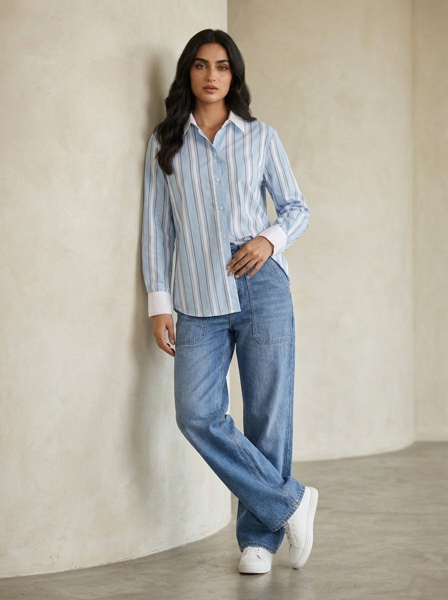 Sky Strip Stitched Printed 1 Piece Shirt