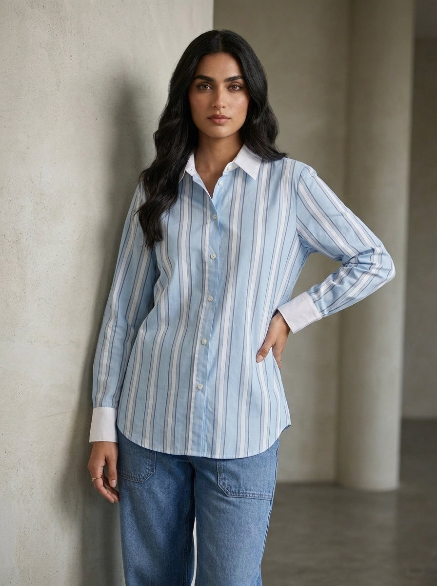 Sky Strip Stitched Printed 1 Piece Shirt