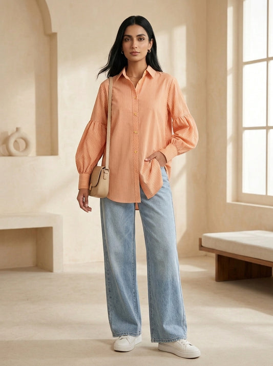 Peach Dusk Stitched  Printed 1 Piece Shirt