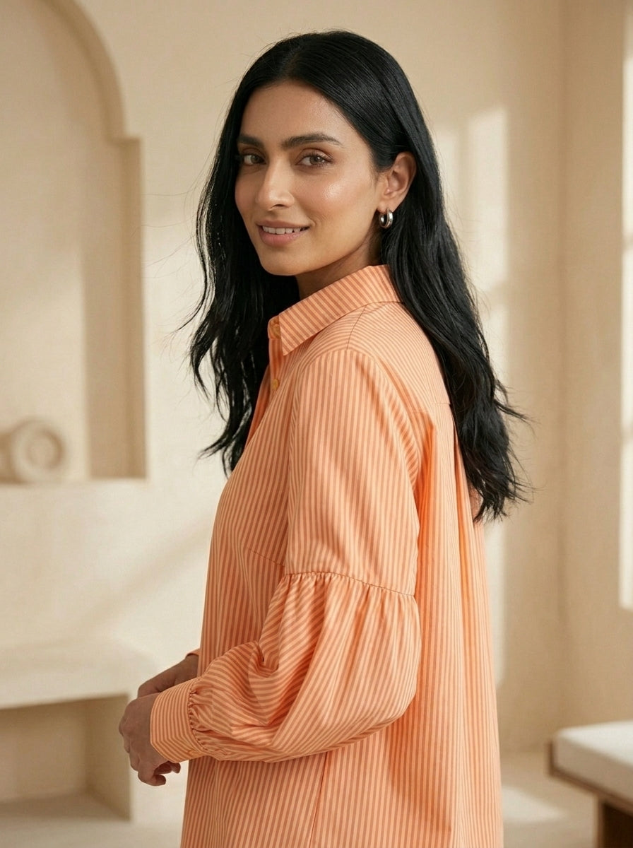 Peach Dusk Stitched Printed 1 Piece Shirt